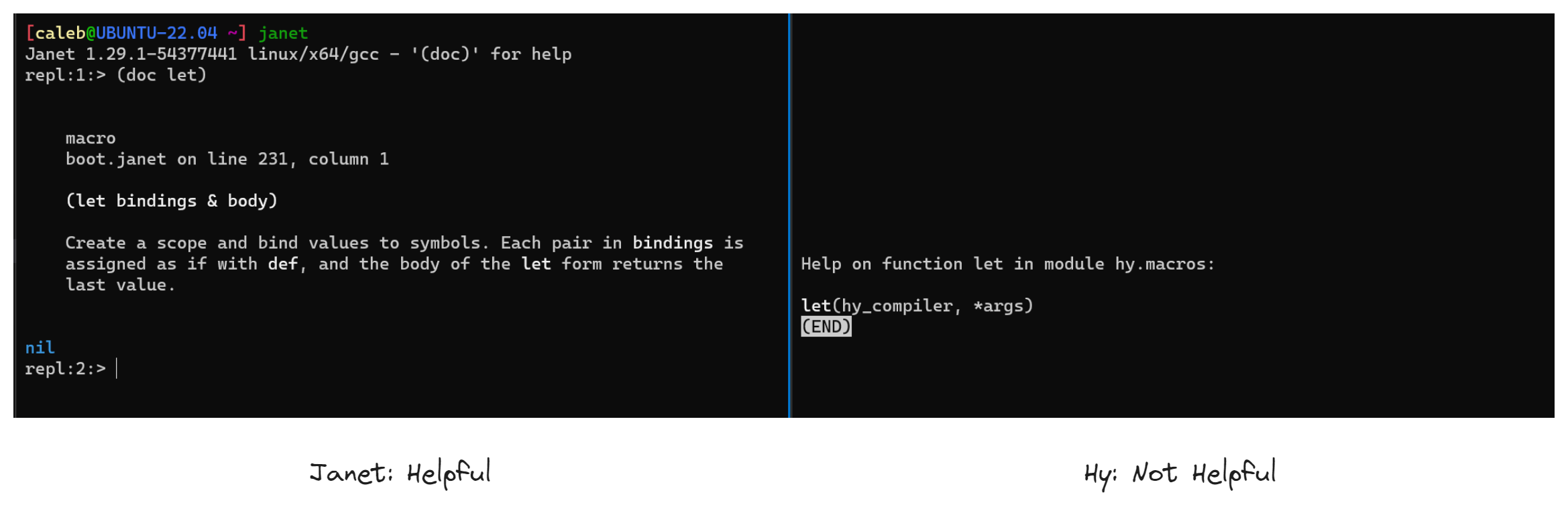 Janet&#39;s doc function vs Hy&#39;s doc function